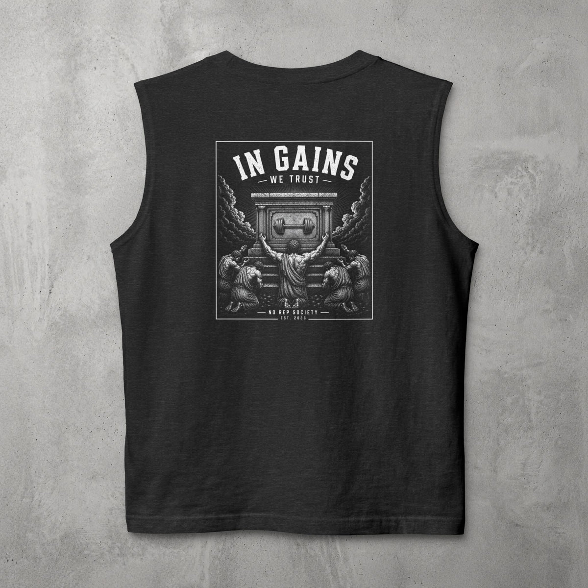Dark Grey Heather In Gains We Trust Muscle Tank by The No Rep Society, flat lay on grey concrete, back print of an ornate temple facade with two kneeling figures and laurel branches under IN GAINS WE TRUST lettering.