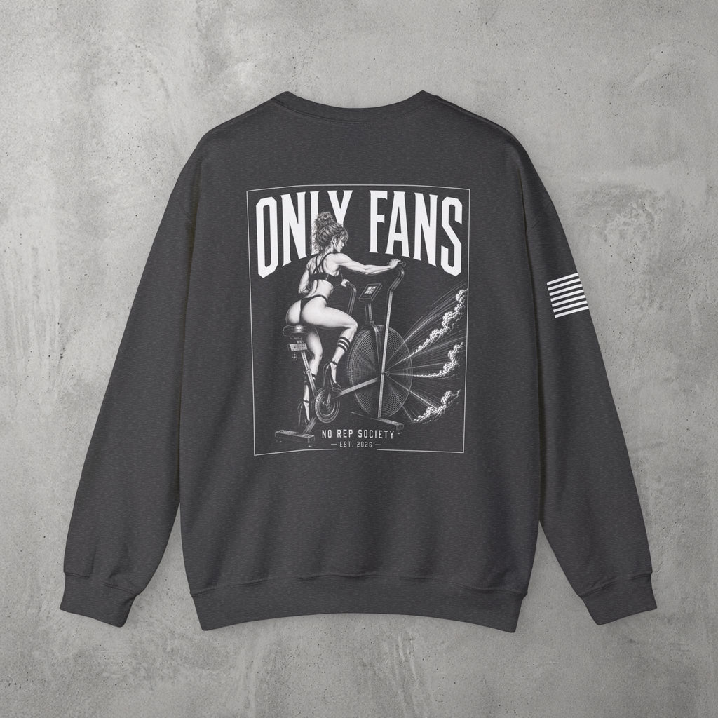 Dark Heather Only Fans Crewneck by The No Rep Society, flat lay on grey concrete, back print of a pin-up figure seated on a large industrial fan inside a bordered frame under ONLY FANS lettering, with striped sleeve detail.