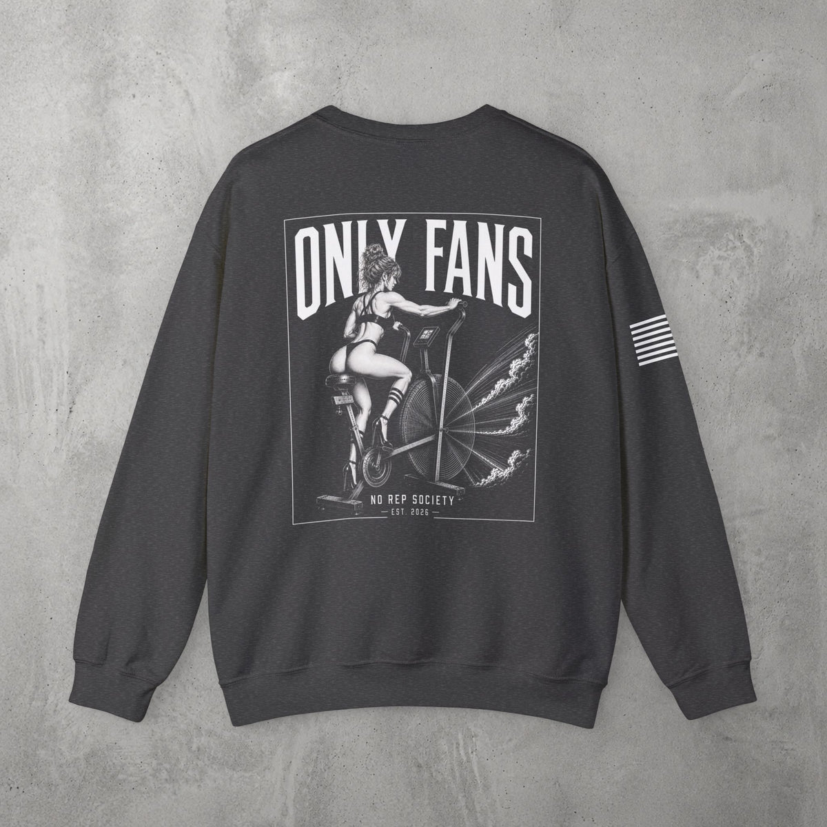 Dark Heather Only Fans Crewneck by The No Rep Society, flat lay on grey concrete, back print of a pin-up figure seated on a large industrial fan inside a bordered frame under ONLY FANS lettering, with striped sleeve detail.