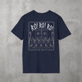 Navy RO! RO! RO! Viking (WOMEN) Tee by The No Rep Society, flat lay on grey concrete, back print of a Viking longship with rows of oarsmen under sail beneath RO! RO! RO! lettering.