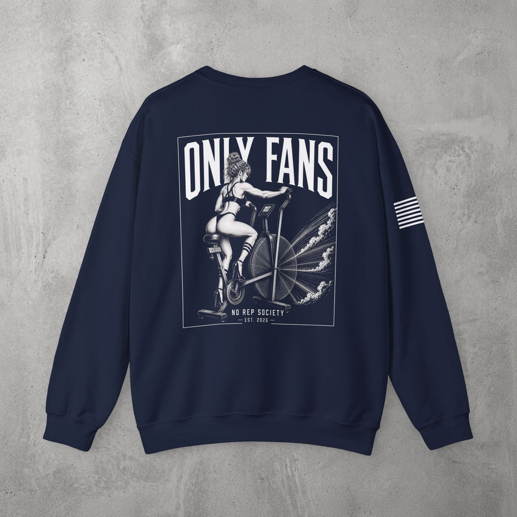 Navy Only Fans Crewneck by The No Rep Society, flat lay on grey concrete, back print of a pin-up figure seated on a large industrial fan inside a bordered frame under ONLY FANS lettering, with striped sleeve detail.