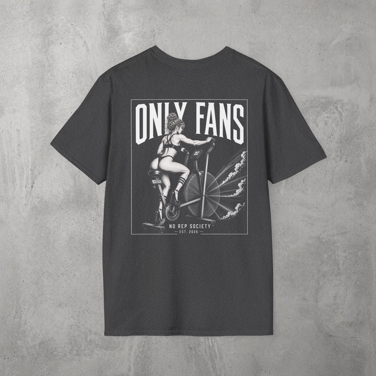 Dark Heather Only Fans Tee by The No Rep Society, flat lay on grey concrete, back print of a pin-up figure seated on a large industrial fan inside a bordered frame under ONLY FANS lettering.