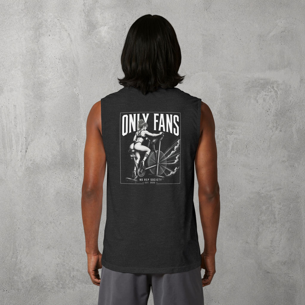 Black Only Fans Muscle Tank by The No Rep Society, worn by a male model, back view showing the ONLY FANS print and the wide armholes.