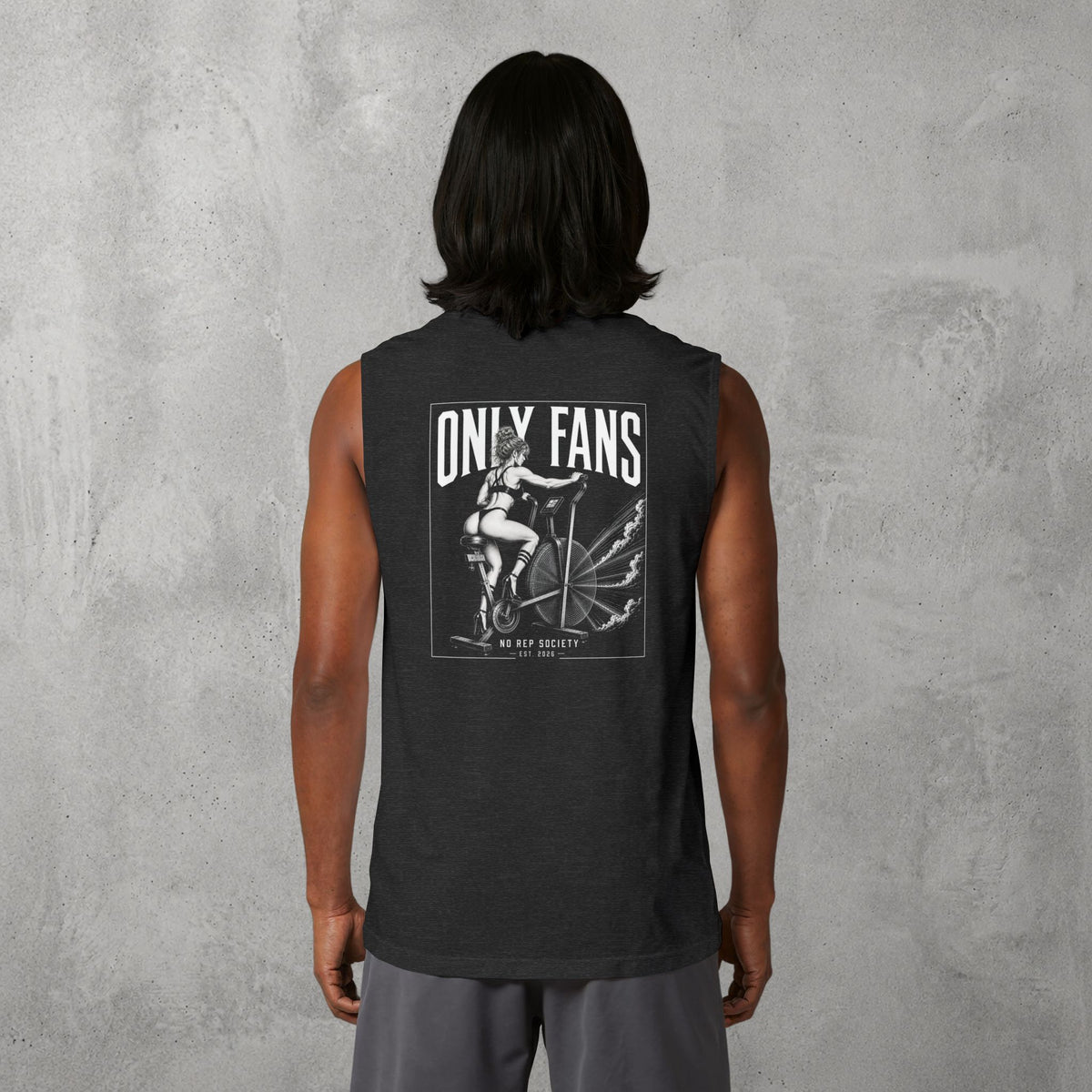 Black Only Fans Muscle Tank by The No Rep Society, worn by a male model, back view showing the ONLY FANS print and the wide armholes.