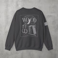 Dark Heather Morning Wood Crewneck by The No Rep Society, flat lay on grey concrete, back print of a banana, gymnastic rings and a wooden plyo box under MORNING WOOD lettering.