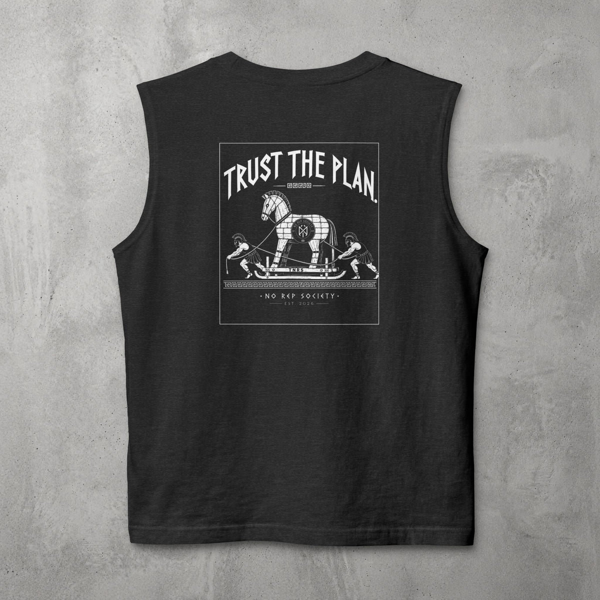 Dark Grey Heather Trust The Plan Muscle Tank by The No Rep Society, flat lay on grey concrete, back print of the Trojan Horse with figures around it under TRUST THE PLAN lettering.