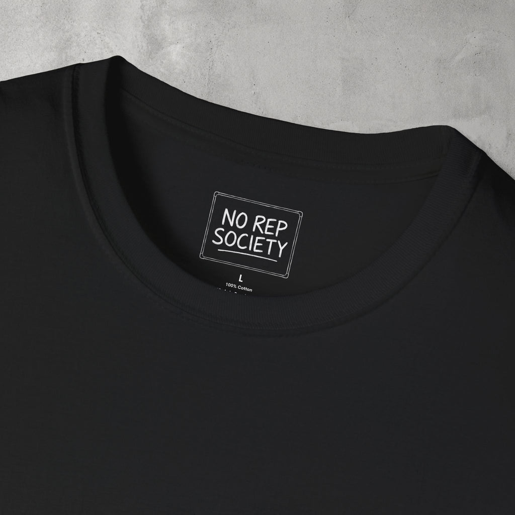 Close-up of the inner neck label of the Black Destroyer of WODs (MEN) Tee reading NO REP SOCIETY.