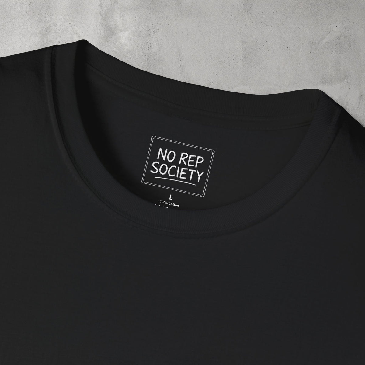Close-up of the inner neck label of the Black Destroyer of WODs (MEN) Tee reading NO REP SOCIETY.
