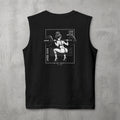 Black I Know You're Watching Muscle Tank by The No Rep Society, flat lay on grey concrete, back print of a woman mid back-squat inside a bordered frame under I KNOW YOU'RE WATCHING lettering.
