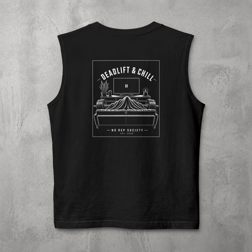 Black Deadlift & Chill Muscle Tank by The No Rep Society, flat lay on grey concrete, back print of a bed and television drawn in fine line art under DEADLIFT & CHILL lettering.