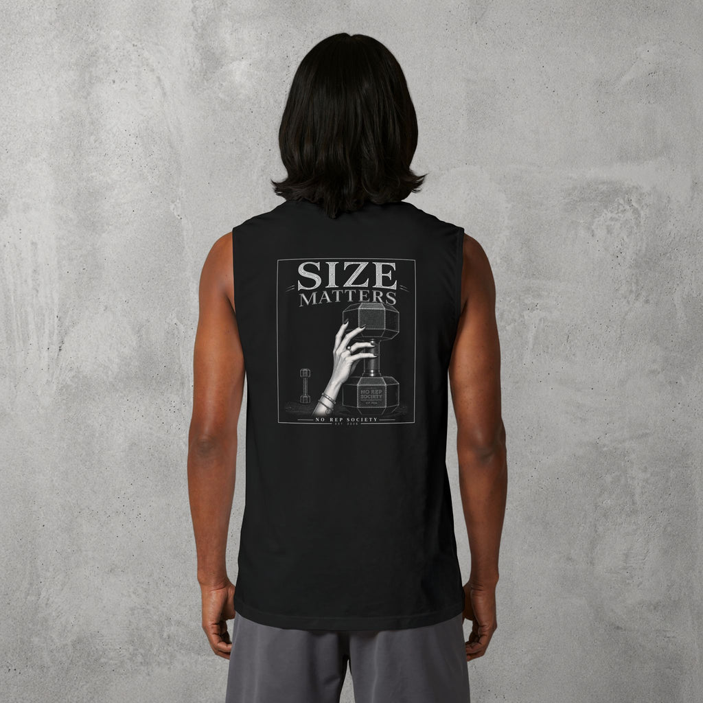Black Size Matters Muscle Tank worn by a female model, back view showing the Size Matters print.