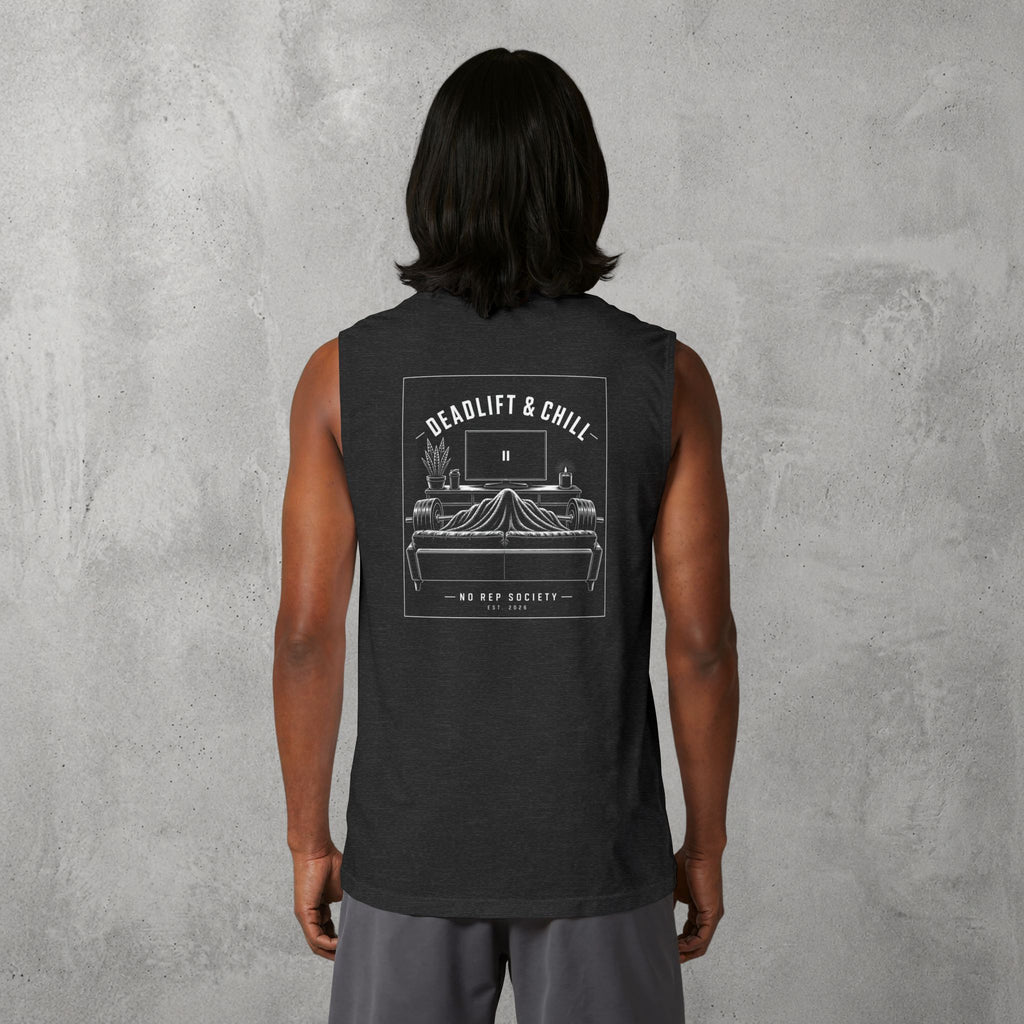 Dark Grey Heather Deadlift & Chill Muscle Tank worn by a female model, back view showing the Deadlift & Chill print.