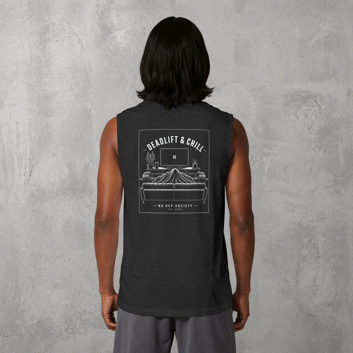 Dark Grey Heather Deadlift & Chill Muscle Tank worn by a female model, back view showing the Deadlift & Chill print.