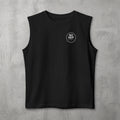 Black NRS Clean Muscle Tank by The No Rep Society, flat lay on grey concrete with a small circular NO REP SOCIETY chest logo and no back print.