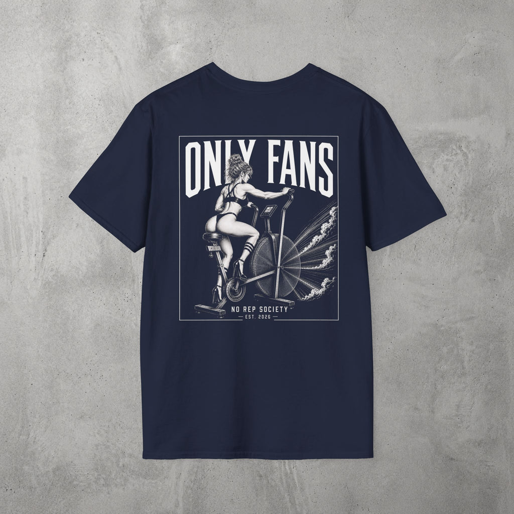 Navy Only Fans Tee by The No Rep Society, flat lay on grey concrete, back print of a pin-up figure seated on a large industrial fan inside a bordered frame under ONLY FANS lettering.