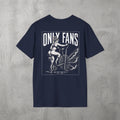 Navy Only Fans Tee by The No Rep Society, flat lay on grey concrete, back print of a pin-up figure seated on a large industrial fan inside a bordered frame under ONLY FANS lettering.