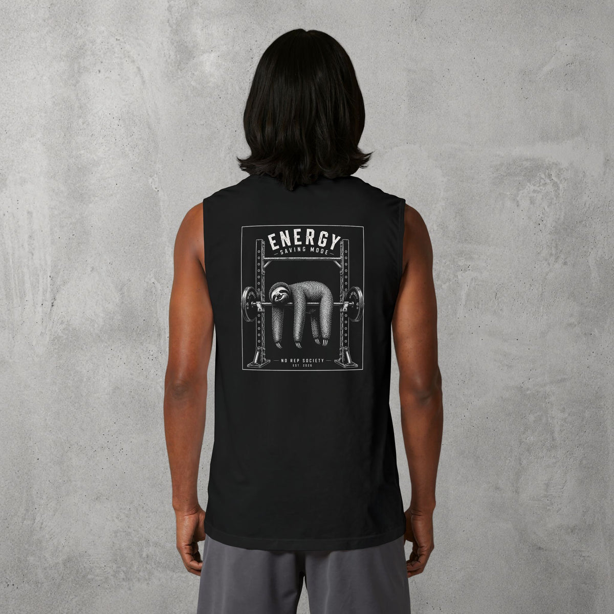 Black Energy Saving Mode Muscle Tank worn by a female model, back view showing the Energy Saving Mode print.