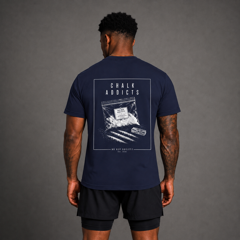 Navy Chalk Addicts Tee by The No Rep Society, worn by a male model, back view showing the CHALK ADDICTS print.