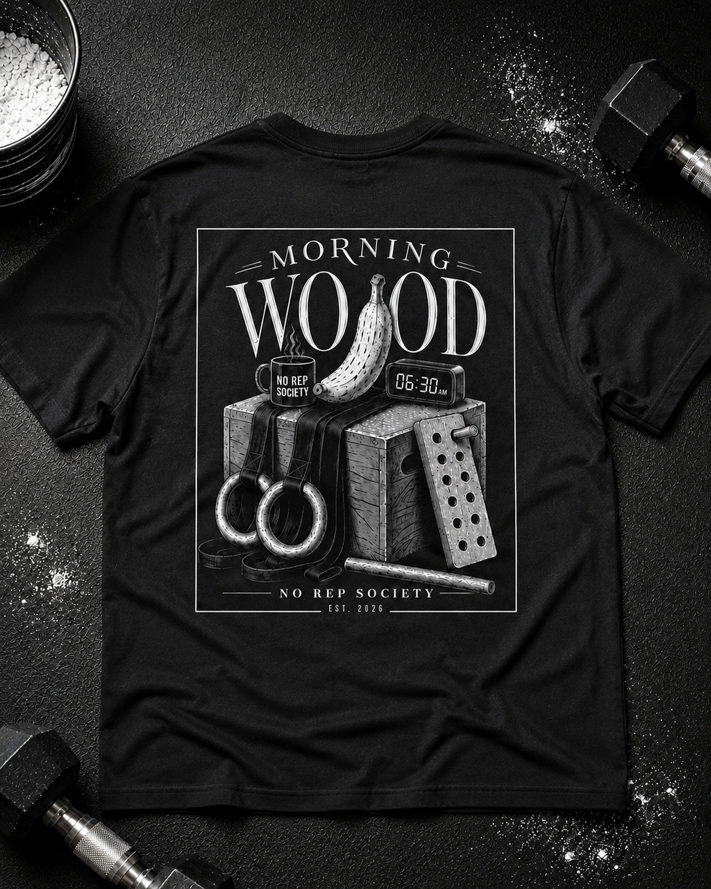 Black Morning Wood Tee by The No Rep Society, laid flat on a dark gym floor between a chalk bucket and a dumbbell, back print of a banana, gymnastic rings and a wooden plyo box under MORNING WOOD lettering.