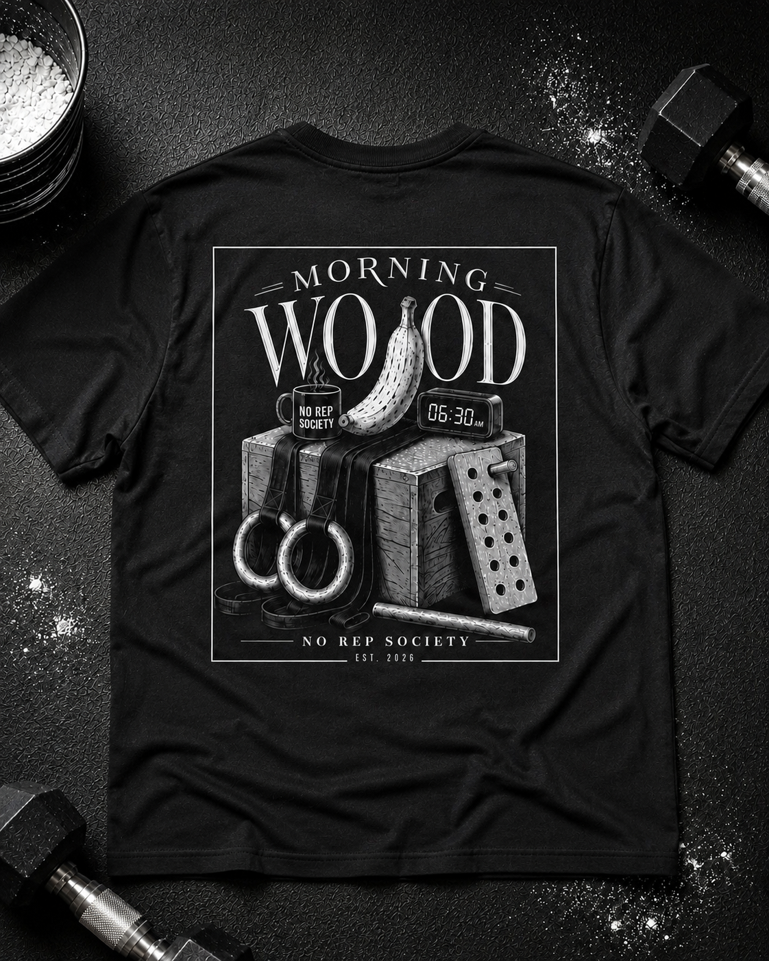 Black Morning Wood Tee by The No Rep Society, laid flat on a dark gym floor between a chalk bucket and a dumbbell, back print of a banana, gymnastic rings and a wooden plyo box under MORNING WOOD lettering.