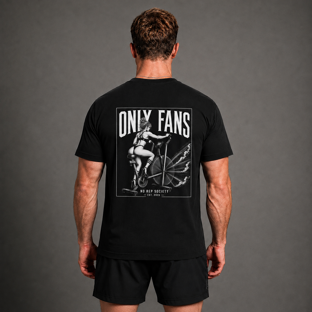 Black Only Fans Tee by The No Rep Society, worn by a male model, back view showing the ONLY FANS print.