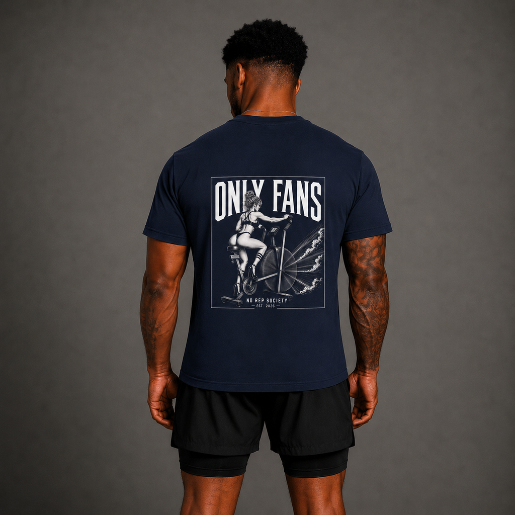 Navy Only Fans Tee by The No Rep Society, worn by a male model, back view showing the ONLY FANS print.